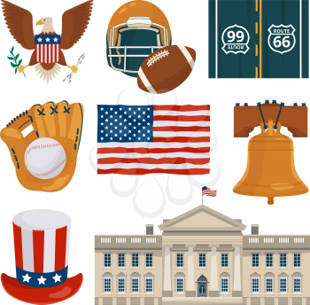 Usa landmarks and other different cultural objects. Usa culture american, famous architecture building and flag. Vector illustration