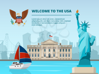 American urban landscape with historical architectural symbols and landmarks. Vector urban building famous historic usa illustration