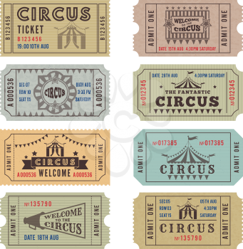 Design template of circus tickets. Circus ticket vintage collection. Vector illustration