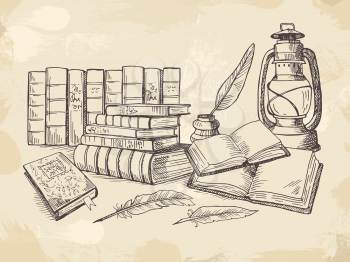 Composition from old handwriting books. Literature and feather, handwriting composition pen quill and notebook. Vector illustration