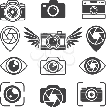 Stylized pictures of different photo equipment. Camera equipment photography, digital lens for photo. Vector badge and emblem illustration