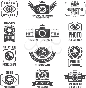 Retro pictures and logos for photo studios. Monochrome vector logotypes. Photography studio and photolab logotype with camera illustration