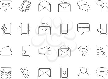 Mono line icon set of business theme. Symbols of communication. Phone chat and sms, speech and discussion telephone, social messaging. Vector illustration
