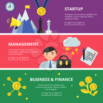 Horizontal banners with flat illustrations of business theme. Vector business finance organization, development and management, investment and startup idea