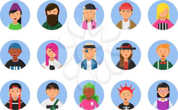 Web funny avatars set of different hipsters male and female. People cartoon person badge. Vector illustration
