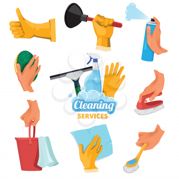 Colored symbols for cleaning service. Hands holding different tools. Vector wash tool equipment in hand illustration