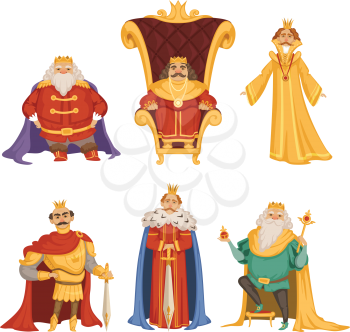 Set illustrations of king in cartoon style. Vector medieval monarch or prince, lord or ruler character