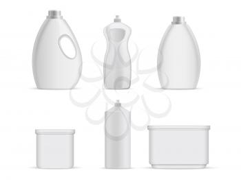 Sanitary plastic empty bottles with chemical liquids for cleaning services. Product plastic container for detergent