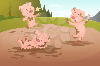 Kids pigs playing in dirty puddle. Pink piggy farm, animal piglet character in mud, vector illustration