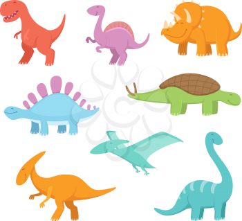 Cartoon set of funny dinosaurs. Vector pictures of prehistoric period. Dinosaur prehistoric, animal dino character, reptile triceratops illustration