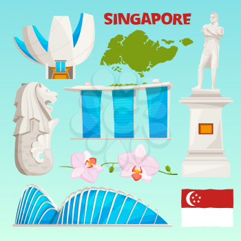 Landmarks icons set of singapore. Cartoon cultural objects isolate on white. Vector cityscape building, famous landmark architecture illustration