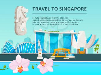 Urban landscape with cultural objects of singapore. Urban architecture building singapore city, vector illustration