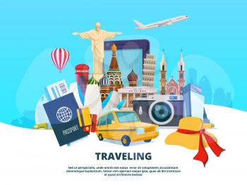 Travel background illustration of different world landmarks. Vector travel and tourism, trip to europe, famous architecture