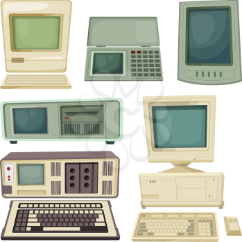 Vintage illustrations of desktop computers and other different technician gadgets. Retro equipment device with keyboard, monitor vintage