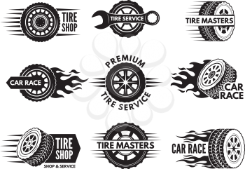 Race logos with pictures of different cars wheels. Vector car automobile wheel logo, auto tire service illustration