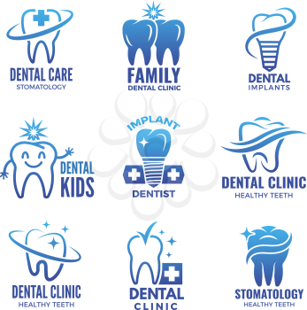 Logotypes with illustrations of teeth and place for your text. Vector dental stomatology for kids and family logo, dentistry medical protection