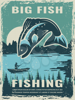 Retro poster of fisherman club with illustration of big fish. Vector fishing lake, fisher man on boat