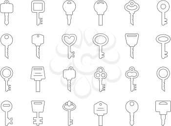 Mono line illustrations of keys for doors. Key icon antique of se for door and security house