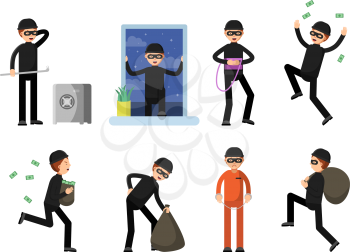 Set of criminal characters isolate on white. Vector criminal character, man crime burglar, thief and robber illustration