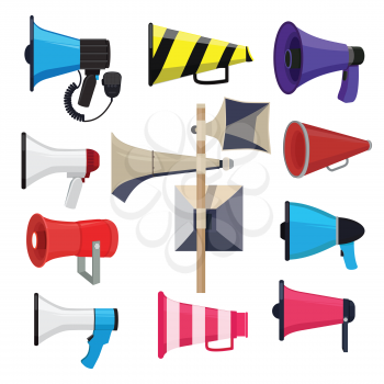 Different loud speakers. Symbols for announce loudspeaker for speech, megaphone and bullhorn. Vector illustration