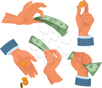 Hands holding money. Set in cartoon style. Money cash, finance currency holding hand. Vector illustration