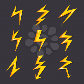 Vector cartoon illustrations of lightning set isolate. Stylized pictures for logo design. Lightning flash electric, thunder power electricity, thunderbolt collection