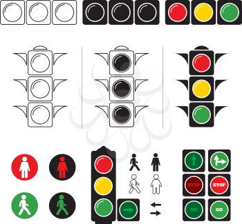 Set stylized illustrations of traffic light with symbols. Vector stoplight for transportation on road, warning signal