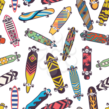 Colored seamless pattern with various skateboards. Skate board for skateboarding color background. Vector illustration