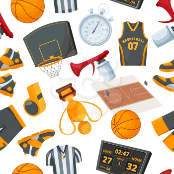 Vector seamless pattern at basketball theme. Illustrations in cartoon style. Ball game and basketball equipment wallpaper