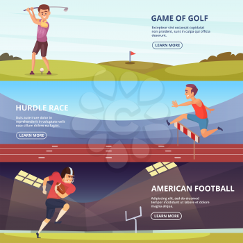 Design of horizontal banners with sport peoples in action poses. Sport football championship, golf and hurdle race. Vector illustration