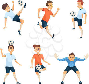 Soccer characters in different action poses. Vector soccer team, sport action with ball illustration