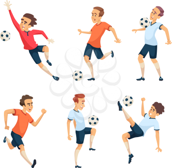 Soccer characters playing football. Isolated sport mascots isolate on white. Team player with ball illustration