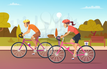 Cyclists male and female rides at the urban park. Outdoor cyclist, man and woman active leisure. Vector illustration