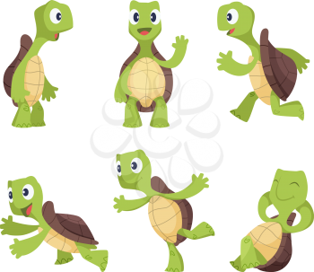 Funny cartoon characters of turtles in various poses. Turtle happy animal, tortoise cute and cheerful. Vector illustration