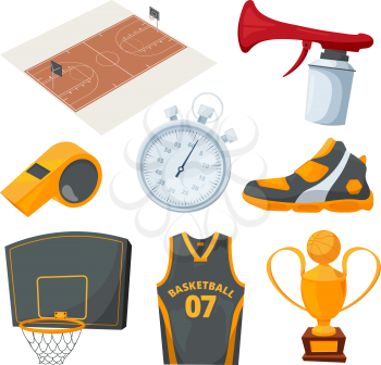 Cartoon icons set of various basketball elements. Vector sport game, ball and basket, competition championship and trophy illustration