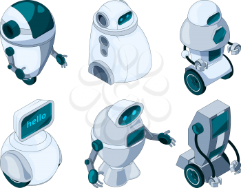 Robots assistant. Colored isometric pictures robot electronic, equipment robotic. Vector illustration