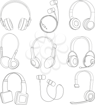 Vector mono line pictures set of headphones. Sound audio device drawing with microphone illustration