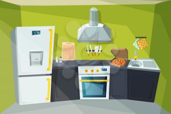 Cartoon illustration of kitchen interior with various modern furniture. Modern cooking oven and refrigerator equipment vector