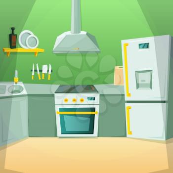 Cartoon pictures of kitchen interior with different furniture items. Vector refrigerator and oven, exhaust and kitchenware illustration