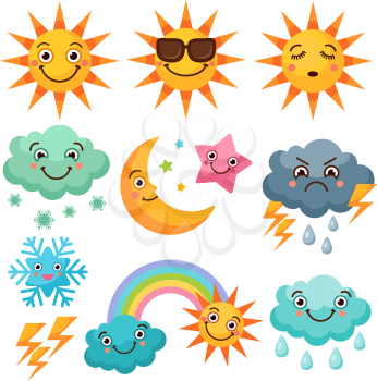 Cartoon weather icons set. Funny pictures isolate on white background. Illustration of weather sunny and cloud, thunder and rainbow vector