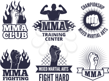 Design template of sport martial labels for mma fighters. Boxing club, training to fight battle. Vector illustration