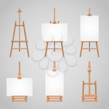 Set illustrations of canvases standing on wooden easels. Wood blank stand for drawing, equipment tripod with canvas vector