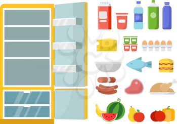 Empty refrigerator and different food. Vector flat illustrations. Refrigerator and food fresh, milk bottle and meat, vegetable and fruit