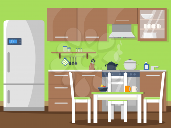Vector flat illustration of kitchen interior. Equipment fridge, cooking table and stove