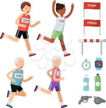 Sport accessories for runners. Vector sport runner marathon, illustration of fitness jogging, stopwatch and water bottle