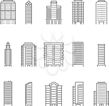 Mono line vector illustrations of modern buildings. Tower architecture construction, residential office and skyscraper