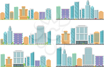Horizontal seamless urban landscapes with various buildings. City architecture panorama, town with building tower, street district. Vector illustration