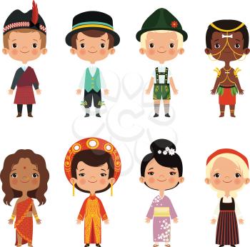 Happy kids of various nationalities. Girl and boy nationality, people child asian ethnic dress. Vector illustration