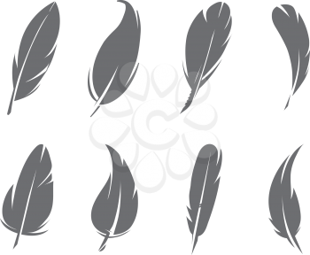Monochrome pictures of feathers isolate on white background. Feather of bird silhouette, tattoo sketch collection plume. Vector illustration