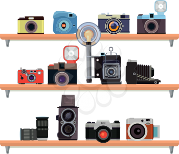 Retro cameras ant specific details for photographers standing on the shelves. Set of camera photo, retro photography equipment, vector illustration